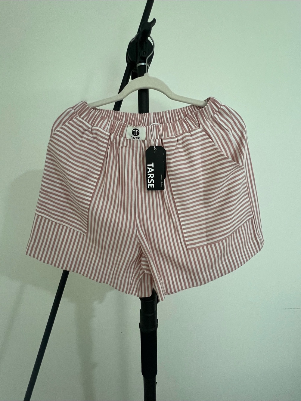 Amazon Women's Pink and White Striped Elastic-Waist Shorts